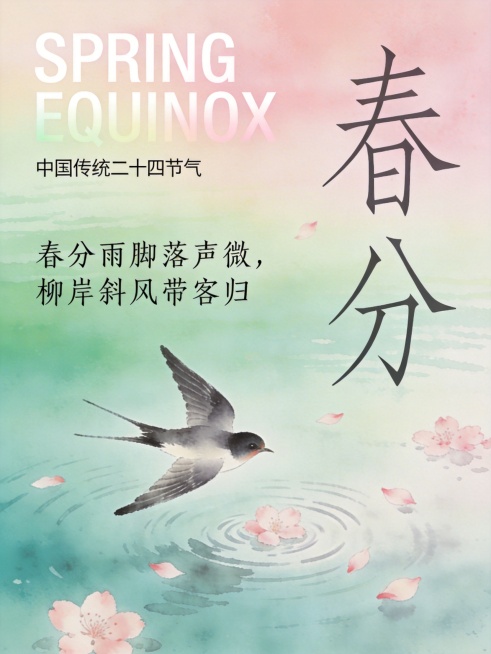 莫兰迪渐变绿+淡粉，新中式水墨晕染，低饱和高级感。画面：燕子掠过碧波湖面，粉色樱花花瓣飘落水面，涟漪晕开，背景是渐变青绿色湖水到浅粉天空的过渡。文字排版： 主标题："春分"二字用瘦金体书法，竖排于画面预览效果