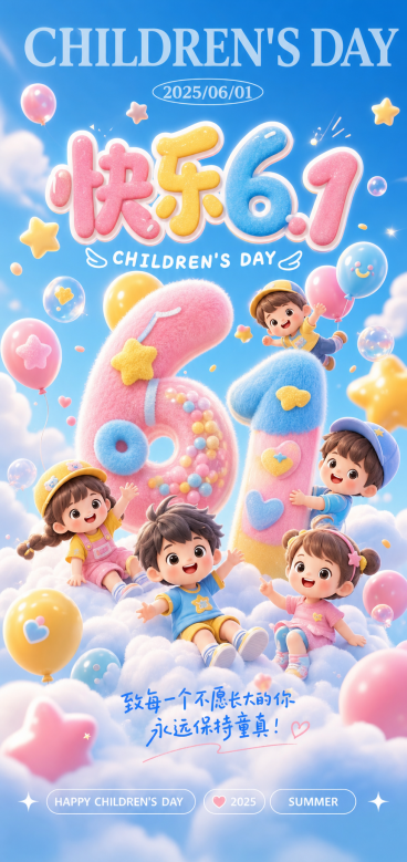 参考当前图片风格，重新生成儿童节61主题海报，保留文案内容：CHILDREN'S DAY 2025/06/01 快乐6.1 CHILDREN'S DAY 致每一个不愿长大的你 永远保持童真！ HAPP预览效果