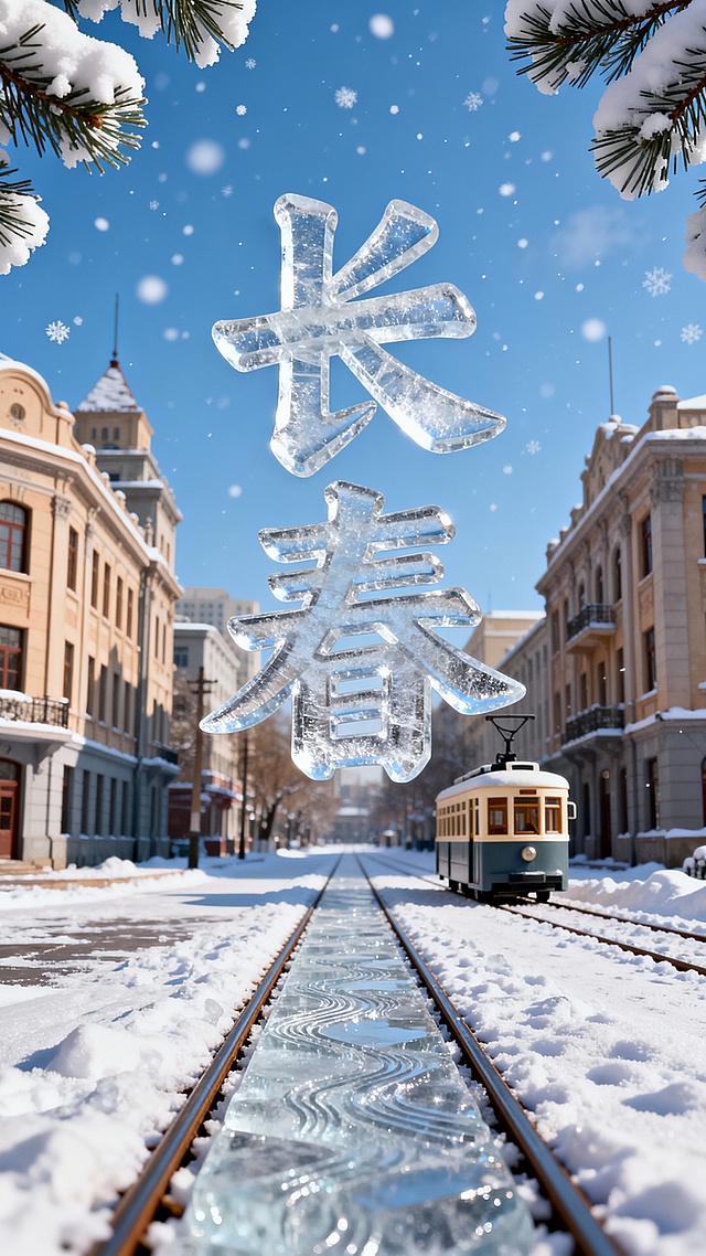 主视觉是银白渐变冰雕 “长春” 艺术字（竖版），冰面覆雪带有轨电车轨道纹理。背景是伪满欧式建筑群，地面延伸积雪轨道、迷你有轨电车，天空湛蓝飘雪，边缘缀雪雕松枝，银白 + 浅棕配色，兼具城市底蕴与冬日清趣。