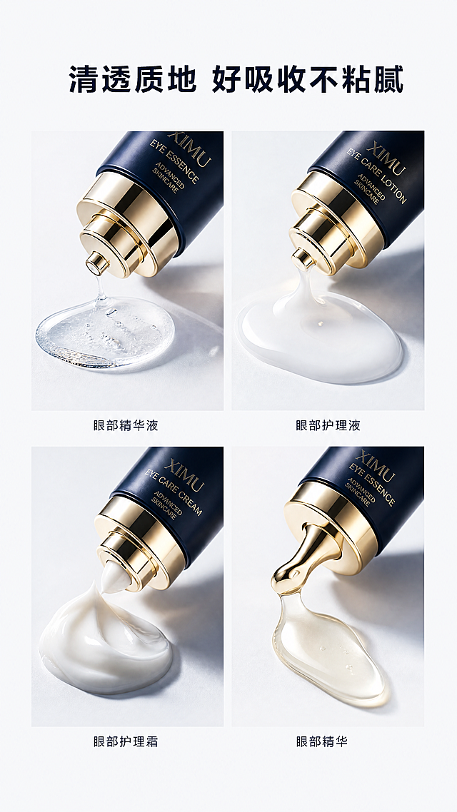 [第4屏] 详情页产品质地微距展示，四款不同产品质地特写屏。[氛围/风格] 真实质感，微距摄影，高级护肤干净质感，细节清晰可见。[元素布局] 画面四格均分排列，每格展示一款产品的质地微距，上方展示产品包装局部，下方展示挤出的质地特写。四个格子从上到下从左到右依次排列，整体对称均匀，四周留足留白。[光影质感] 侧光打光突出质地的纹理和光泽，阴影柔和，质地细节清晰可见，包装和质地都清晰真实。[配色色系] 全局底色：#F8FAFC；主体：深蓝色包装+金色盖搭配不同质地本身颜色；点缀：浅金色高光。[视角构图] 每个格子都是微距特写视角，整体四宫格构图，清晰展示四款质地。[文字版式] 顶部主标题加粗大字号："清透质地 好吸收不粘腻"，四个格子分别标注产品名称：「眼部精华液」「眼部护理液」「眼部护理霜」「眼部精华」，小字标注在格子下方，字体清晰不遮挡质地主体。[比例分辨率] 9:16竖版比例，4K分辨率，文字清晰可辨。[负向提示词] 质地模糊，包装变形，颜色偏差，文字错乱，背景杂乱，水印。