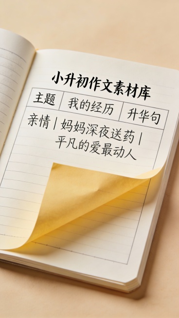 Open notebook page titled "小升初作文素材库". Columns: 主题 | 我的经历 | 升华句. Sample row: "亲情 | 妈妈深夜送药 | 平凡的爱最动人".预览效果