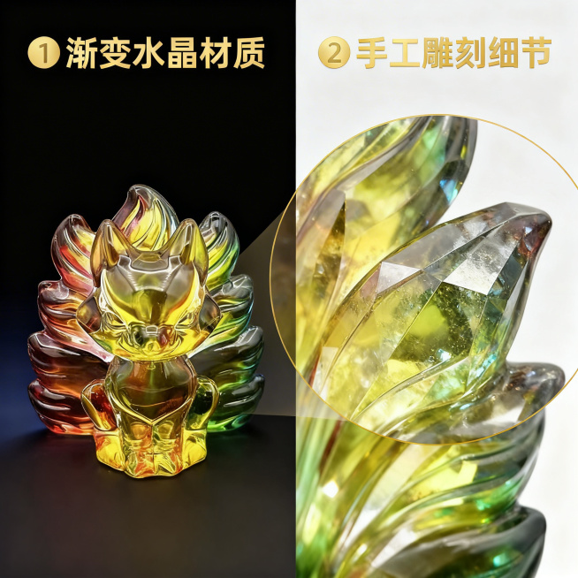 [主图 2] 彩色渐变九尾狐水晶摆件细节卖点图，产品外观与原图保持100%一致。氛围风格：精致细节特写，突出材质通透与雕刻工艺。画面元素：以原商品为主体，左侧保留完整摆件展示，右侧叠加50%面积的九尾预览效果