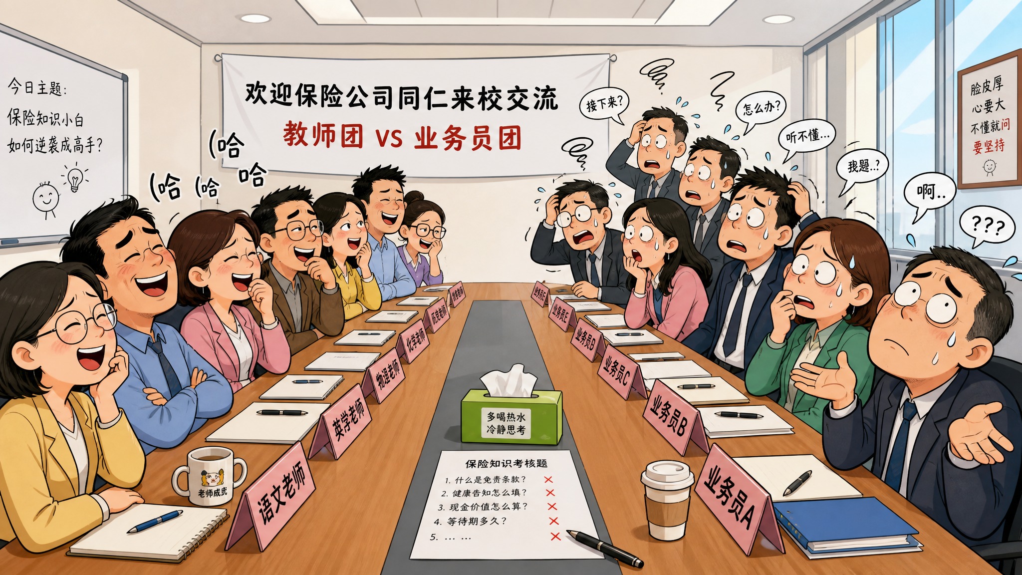 搞笑漫画风格，7位老师坐在桌子一侧，对面坐着7位保险公司业务员… - 图片创意预览