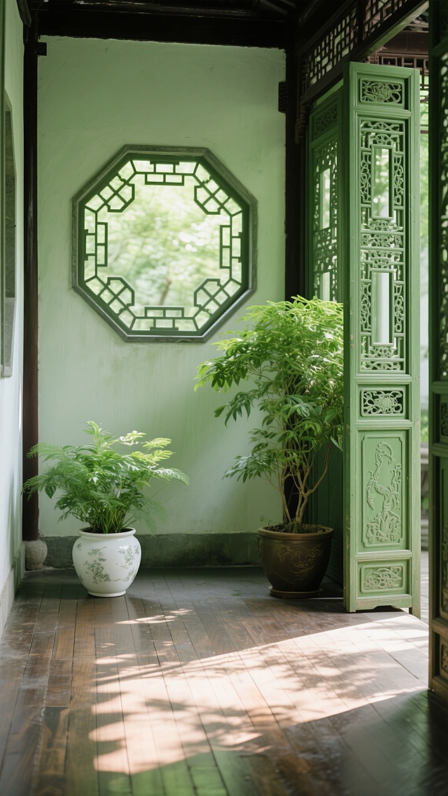 明亮柔和的光线透过古朴的八边形镂空窗格，洒在淡绿色的墙壁上，右侧是一扇带有精致雕花的绿色木质屏风，屏风旁摆放着一盆茂盛的绿植，左侧地面上有一个白色陶瓷花盆，里面栽种着生机勃勃的绿色植物，木质地板上光影交错，整个场景呈现出宁静雅致的中式庭院氛围，充满自然的绿色元素，细节丰富，质感细腻，构图和谐，营造出清新、静谧、舒适的空间感。