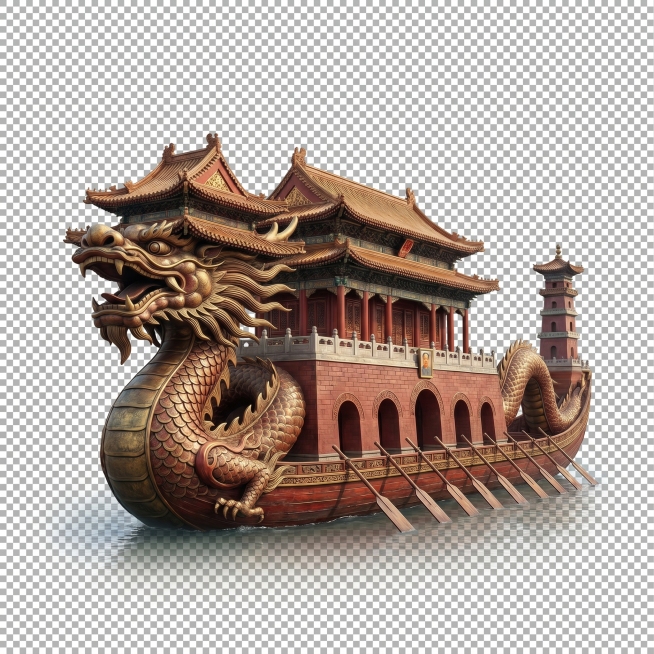 设计一个融合天安门形状的端午节龙舟造型，整体设计庄重大气，龙舟保持传统造型特点，轮廓融入天安门结构特征，背景为纯透明预览效果