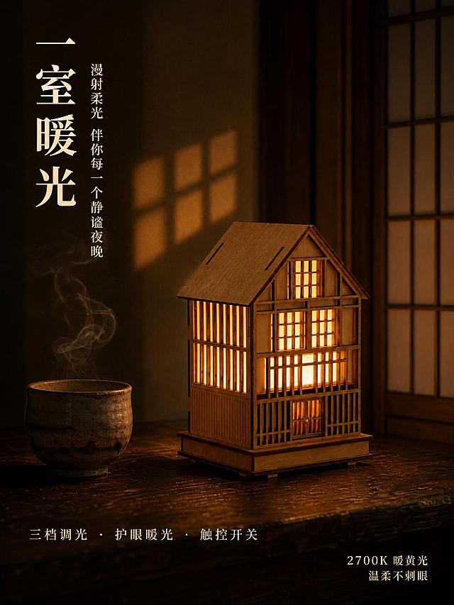 [第5张] 详情页光影氛围-夜晚点亮效果展示。本张使用【图3】作为产品主体（原木色款），重点展示暖光点亮效果。
[氛围/风格] 日式侘寂风，夜晚静谧氛围，暖光治愈感，暗调环境突出光影层次，禅意静谧。
[元素布局] 原木色合掌造小夜灯点亮状态置于画面中央偏右，占比约50%；暖黄色灯光从格子窗与竖条缝隙中漫射出来，在墙面投射出窗格光影；左侧一只粗陶茶碗冒着袅袅热气；背景为深色障子门与暗调墙面；桌面为深色老木桌。
[光影质感] 产品自身暖光为主光源，向外辐射柔和光晕；环境光极弱，突出灯光氛围感；窗格投影在背景墙上形成斑驳光影；整体暗调但产品细节清晰。
[配色色系] 全局底色 #2A241D（深棕暗调）；主色暖黄光 #FFB347、原木棕；辅助色深棕背景、粗陶灰。
[视角构图] 正面微侧视角，中景景深，阅读动线从左上标题 → 中部发光产品 → 底部文案。
[文字版式] 左上竖排主标题「一室暖光」，副标题「漫射柔光 伴你每一个静谧夜晚」；底部横排卖点「三档调光 · 护眼暖光 · 触控开关」；右下角小字「2700K 暖黄光 温柔不刺眼」；字体为日式宋体，字色米白暖黄。
[比例分辨率] 3:4 竖版比例，2K分辨率，文字清晰可辨，高清画质。
[负向提示词] 产品变形，结构错误，颜色偏差，水印，文字错乱，灯光过曝，背景过亮失去夜晚感。