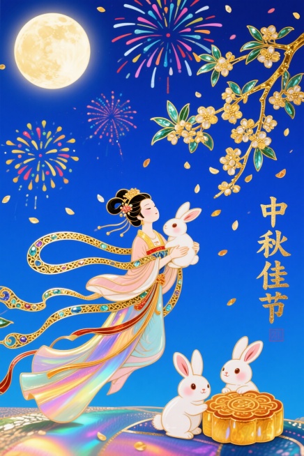 珐琅工艺风格，国潮风中秋节海报，蓝色夜空背景，天空绽放五彩礼花，圆月高悬散发柔和光晕，金色桂花枝从左侧延伸，桂花纷纷扬扬飘落，嫦娥身着飘逸汉服怀抱玉兔飞奔向月，图片底部两只可爱兔子抱着圆形月饼，画面右预览效果