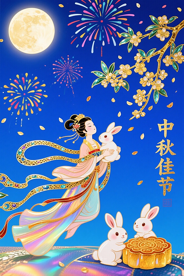 画面延续珐琅工艺与国潮风格，包含蓝色夜空、礼花、圆月、桂花枝、飘落桂花、抱玉兔奔月的嫦娥、底部抱月饼的兔子，以及竖版“中秋佳节”文字。