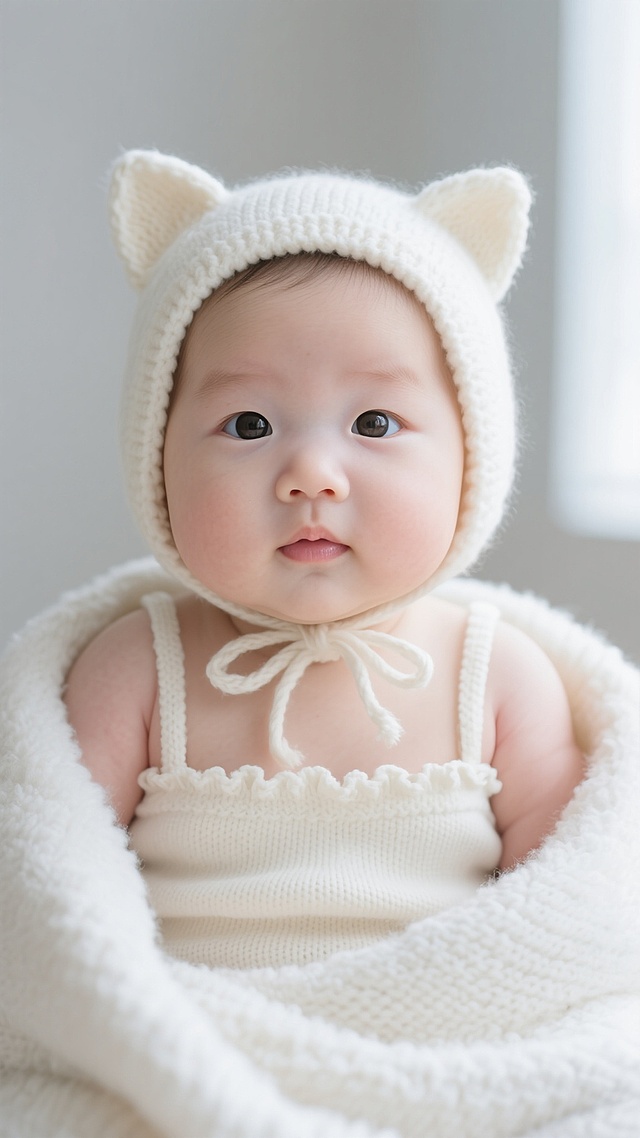 一张温馨可爱的小宝宝写真照片，特写镜头，聚焦于一个婴儿的上半身。小宝宝戴着一顶米白色的针织猫耳朵帽子，帽子边缘有细致的针织纹理，帽绳系成可爱的蝴蝶结垂在胸前。婴儿穿着米白色的针织吊带衣，衣领处有褶皱花边设计。宝宝皮肤白皙粉嫩，脸颊饱满，有着明亮清澈的大眼睛，眼神纯净无辜，嘴唇呈现自然的淡粉色，表情平静柔和。背景是柔和的浅灰色，光线从左侧窗户透入，形成明亮柔和的自然光效果，光线均匀地洒在宝宝身上，营造出温暖、柔和、纯净的氛围。宝宝被包裹在柔软蓬松的白色针织毯中，毯子的纹理清晰可见，整体画面色调以米白色、浅灰色为主，干净素雅，充满温馨、治愈、纯真的感觉，摄影风格写实细腻，细节清晰，光影柔和，突出婴儿的娇嫩与可爱。