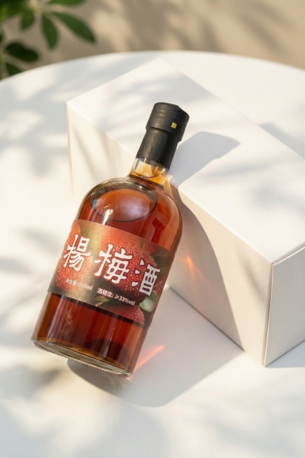 杨梅酒电商产品主图，极简ins风商业摄影，保留原图瓶身，标签上保持“楊梅酒”书法字体和杨梅插画原样不变，保持瓶身物理结构不扭曲。瓶子斜靠在白色礼盒上，整体置于纯白桌面，阳光透过植物叶片在桌面和瓶身投下预览效果
