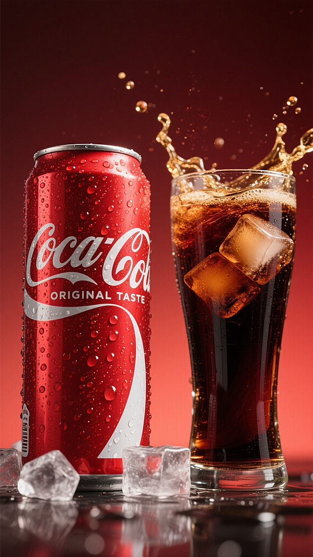 一张高质感可乐主题商业摄影海报，采用垂直构图，以深红色渐变背景营造热烈活力氛围，主视觉为左侧一罐经典红色可口可乐铝罐，罐身布满晶莹水珠，印有白色"Coca-Cola ORIGINAL TASTE"标志与曲线飘带图案，罐底前方散落几块透明冰块；右侧是一杯装满深棕色可乐的高脚玻璃杯，杯中冰块清晰可见，顶部有大量可乐液体飞溅形成的金色泡沫水花，整体光影对比强烈，高光突出水珠与液体的晶莹质感，阴影增强立体感，画面聚焦于可乐罐与玻璃杯的组合，传达出冰爽畅饮的夏日感觉，视觉层级明确，主体突出，信息传达直接高效，符合饮料产品的商业宣传目的。
