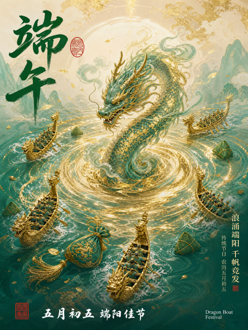 竖版端午节主题海报，新中式国风风格，主色调为青绿色+鎏金+米白，画面整体通透清透，8K质感。
主体画面：
- 画面上方：一条由青绿色、鎏金线条构成的国风神龙，龙身与流动的水波融为一体，带细碎金箔闪粉效预览效果
