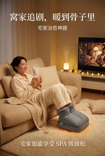 2:3竖版暖足鞋详情页，第10屏真人使用场景宅家篇，主标题"窝家追剧，暖到骨子里"，副标题"宅家治愈神器"，中心展示年轻人窝在沙发里，双脚放入暖足鞋，手捧奶茶追剧的场景，背景为温馨客厅包含电视、抱枕、预览效果