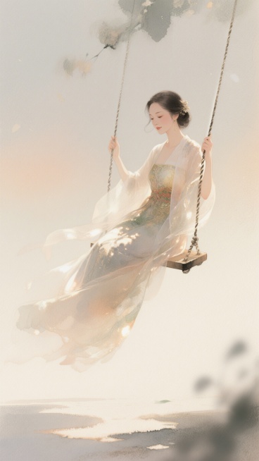 名为叶娉婷的成熟女性在秋千上荡秋千，暖色调，画面朦胧，清新有美感，服饰华丽，淡彩湿画法风格预览效果