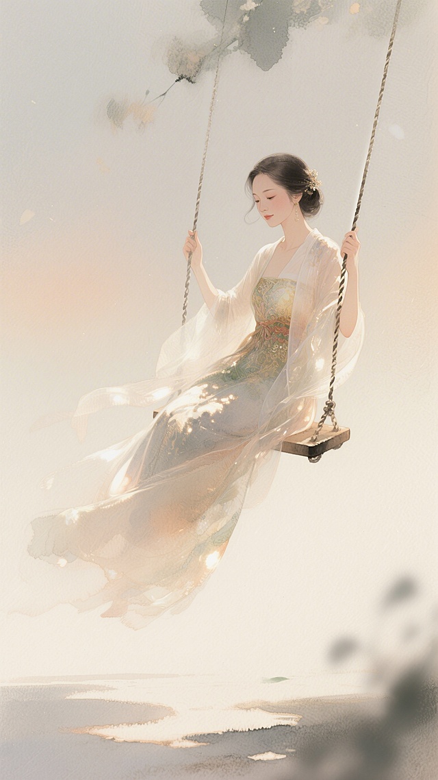 名为叶娉婷的成熟女性在秋千上荡秋千，暖色调，画面朦胧，清新有美感，服饰华丽，淡彩湿画法风格
