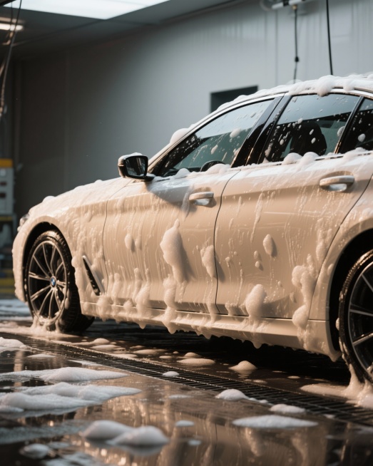 生成自助洗车的图片，车辆为宝马5系,画面要炫酷，高级。生成20张图片，整体局部都需要，背景劲量少，突出汽车泡沫，冲水等画面预览效果