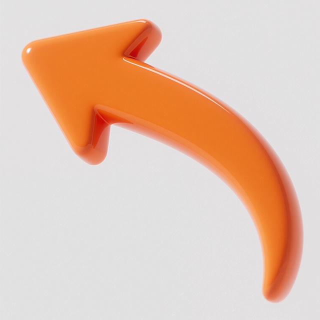 一个具有光滑曲面和微妙反光效果的3D立体箭头图标，箭头朝向左下方，呈现流畅的曲线形态，整体采用鲜亮的橙色作为主色调，从箭头尖端到尾部保持均匀的色彩填充，背景为纯净的纯白色，无任何纹理或图案，简洁干净的现代设计风格，清晰的轮廓边缘，无阴影效果，突出图标主体。