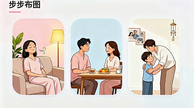 第一张图片是妈妈深呼吸调整情绪不是孕妇，第二张图片女士左肩膀的手去掉，第三张图片孩子替换12岁左右的孩子