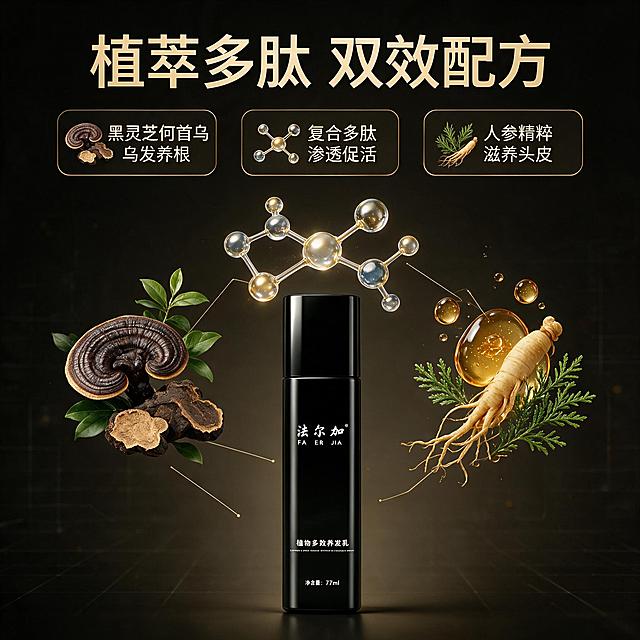 [主图-2] 核心功效成分解析，展示植萃+多肽组合的核心成分与作用原理。
[统一基调] 整体风格为高端专业的头皮护理产品视觉，背景主色为深棕黑渐变搭配香槟金点缀，标题字色为香槟金色，辅助字色为米白色，强调色为墨绿植萃色，字体为干净利落的非衬线粗体，卡片采用细金边圆角样式，整体传递专业靠谱的品质感。
[画面] 法尔加植物多效养发乳黑色瓶身位于画面下方居中，占画面约40%，瓶身完整展示。产品上方和两侧环绕三大核心成分可视化元素：左侧是黑灵芝与何首乌的真实植物原料切片，带有自然纹理；右侧是人参和侧柏叶的植物萃取精华液滴，晶莹剔透；中间上方是3D复合多肽分子结构模型，呈现科技感的微观结构。用细金色引线从成分元素指向产品瓶身，引线末端标注成分名称与对应功效关键词。背景为深棕黑色，带有淡淡的实验室科技网格纹理，整体干净专业。
[光影质感] 超写实渲染质感，产品瓶身保持黑色亮面材质的高光反射，植萃元素带有真实植物的肌理和光泽，多肽分子结构带有半透明玻璃质感和科技光效。整体光线柔和均匀，成分元素悬浮感自然，底部有轻微投影。
[配色] 深棕黑背景 + 香槟金引线与标题 + 墨绿植物色 + 透明精华液质感，语义色作为成分本身的颜色呈现，不改变整体主色调。
[文字版式] 画面顶部居中主标题大字"植萃多肽 双效配方"，下方分三列展示成分卡片：左列"黑灵芝何首乌 乌发养根"，中列"复合多肽 渗透促活"，右列"人参精粹 滋养头皮"。每个成分卡片为细金边圆角矩形，内有图标和文字，横排排列，文字清晰不遮挡产品主体。
[输出要求] 1:1正方形比例，2K分辨率，产品外观与输入图完全一致，成分展示真实专业，文字清晰。禁止出现变形、错字、模糊、杂乱、水印、平台Logo、医疗暗示、绝对化用语。