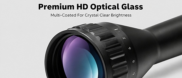 [Screen 5] Close-up Detail of HD Objective Lens for Precision Hunting Riflescope. This screen uses [image5] as the product detail. [Atmosphere/Style] Macro product photography, highlighting optical glass quality and professional coating technology. [Element Layout] Extreme close-up focused on the objective lens, showing the multi-layer anti-reflection coating with subtle blue/purple reflection, clear glass texture, and the knurled adjustment ring around the lens. Keep the lens shape, magnification markings and black housing consistent with the original image. [Lighting & Texture] Soft top lighting, reflection showing the optical coating quality, highlight the transparency of the glass and the metallic texture of the housing. [Color Scheme] Global background color #E5E5E5; main color matte black housing; auxiliary color blue-purple lens reflection, white text. [Perspective & Composition] Macro close-up composition, lens positioned in the lower center, clean composition that focuses on the optical quality. [Text Layout] Top main title "Premium HD Optical Glass", caption "Multi-Coated For Crystal Clear Brightness"; text placed at the top, clear and does not cover the lens detail. All text uses English, no Chinese characters. [Proportion & Resolution] 1464×700 wide screen proportion, 4K resolution, clear legible text, high definition quality. [Negative Prompt] distorted lens shape, blurry glass, wrong reflection, Chinese characters, watermark