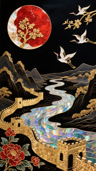 一幅展现中国传统大漆工艺精髓的宏阔画卷，以玄黑、朱红、璀璨金、温润贝为基调，在深邃的漆面上，日月同辉，山河锦绣。背景是温润深邃的玄色大漆底板，表面光滑如镜，内蕴丰富层次，仿佛承载了千年的时光。左上方，预览效果