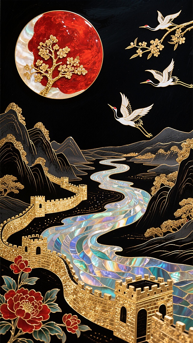画面以螺钿漆画风格呈现了中国传统大漆工艺的宏阔画卷：玄黑大漆底板上，朱砂赤月嵌桂树剪影，中央螺钿江河虹彩闪烁，两岸金粉莳绘长城与牡丹绽放，戗金仙鹤衔桂花枝翩跹飞越，漆面温润深邃，螺钿光泽与金属质感交织，立体肌理感丰富，尽显大漆工艺的瑰丽庄重。