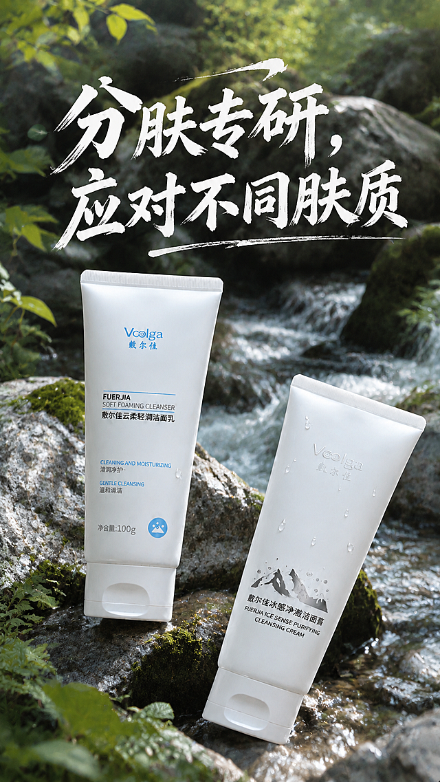 更换为自然原生风，背景替换为真实山石溪流绿植场景，标题改为质朴粗粝自然书法字体，整体营造贴近天然纯净的护肤氛围，保留标题文字"分肤专研，应对不同肤质"和两款产品，保持720*1280尺寸不变