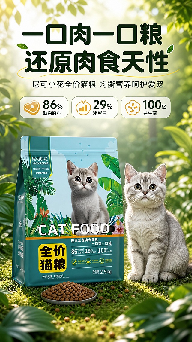 [商品] 使用【图1】尼可小花全价猫粮袋装产品；保留包装袋青绿色主色、正面银渐层猫咪图案、热带植物装饰、"尼可小花 NIKEXIAOHUA"品牌Logo、"CAT FOOD"大字、"全价猫粮"黄色方块标识、"86%动物性原料|29%粗蛋白|100亿益生菌"核心数据文字、净含量2.5kg字样，以及包装袋的整体结构和比例；商品处理：保持包装袋完整清晰，增强包装印刷质感和立体感，不改变任何原有文字和图案。
[画面] 页面目标：头图海报，主打一口肉一口粮核心概念，建立天然健康第一印象；构图骨架：上文下图，顶部大标题区，中部产品主体+猫咪互动，底部自然场景延伸；主体位置：画面中下部，产品袋正面朝向观众略偏左，一只可爱银渐层猫咪坐在产品右侧；主体占比：产品+猫咪合计占画面约55%；景别：中景；阅读动线：从上到下；前中后景：前景散落猫粮颗粒和绿叶，中景产品袋+猫咪，后景虚化热带植物森林和柔和阳光；场景：自然森系户外草地，阳光透过树叶洒下斑驳光影。
[视觉] 套系策略：风格=自然清新森系商业摄影风；标题字=粗黑体圆润字形；正文字=简洁无衬线体；主色=青绿色（#2A9D8F）；背景延展=基于青绿色做深浅层级、同色渐变和自然植物/木纹/草地质感；强调色=暖黄色（#F4A261），仅用于小面积图标、引线、标签和数字高亮；标题色=深墨绿色；正文色=深灰绿色；组件=圆角浅绿信息卡、细线引线、叶片装饰元素；光影=左前侧暖柔自然光，模拟阳光透过树叶的斑驳效果。
[文字] 顶部主标题："一口肉一口粮 还原肉食天性"，副标题："尼可小花全价猫粮 均衡营养呵护爱宠"；下方配3个小卖点icon横排："86%动物原料"、"29%粗蛋白"、"100亿益生菌"；文字区位于画面上半部分，不遮挡产品主体和猫咪；所有文字横向排版，字号保证手机端清晰可读。
[规格] 图片比例9:16竖版，4K，避免变形、错字、文字过小、产品颜色改变、包装文字错乱、猫咪形象失真、冷蓝/蓝灰背景。