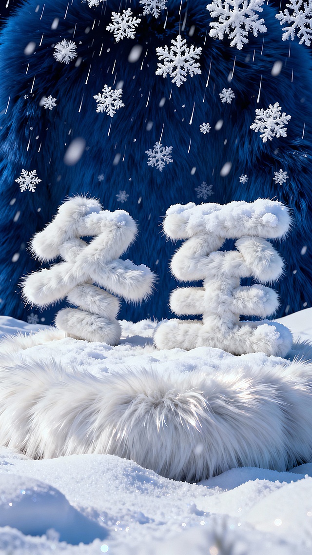 厚雪堆的 “冬至” 艺术字立在雪地上，墨蓝色夜空当背景，雪花往下落