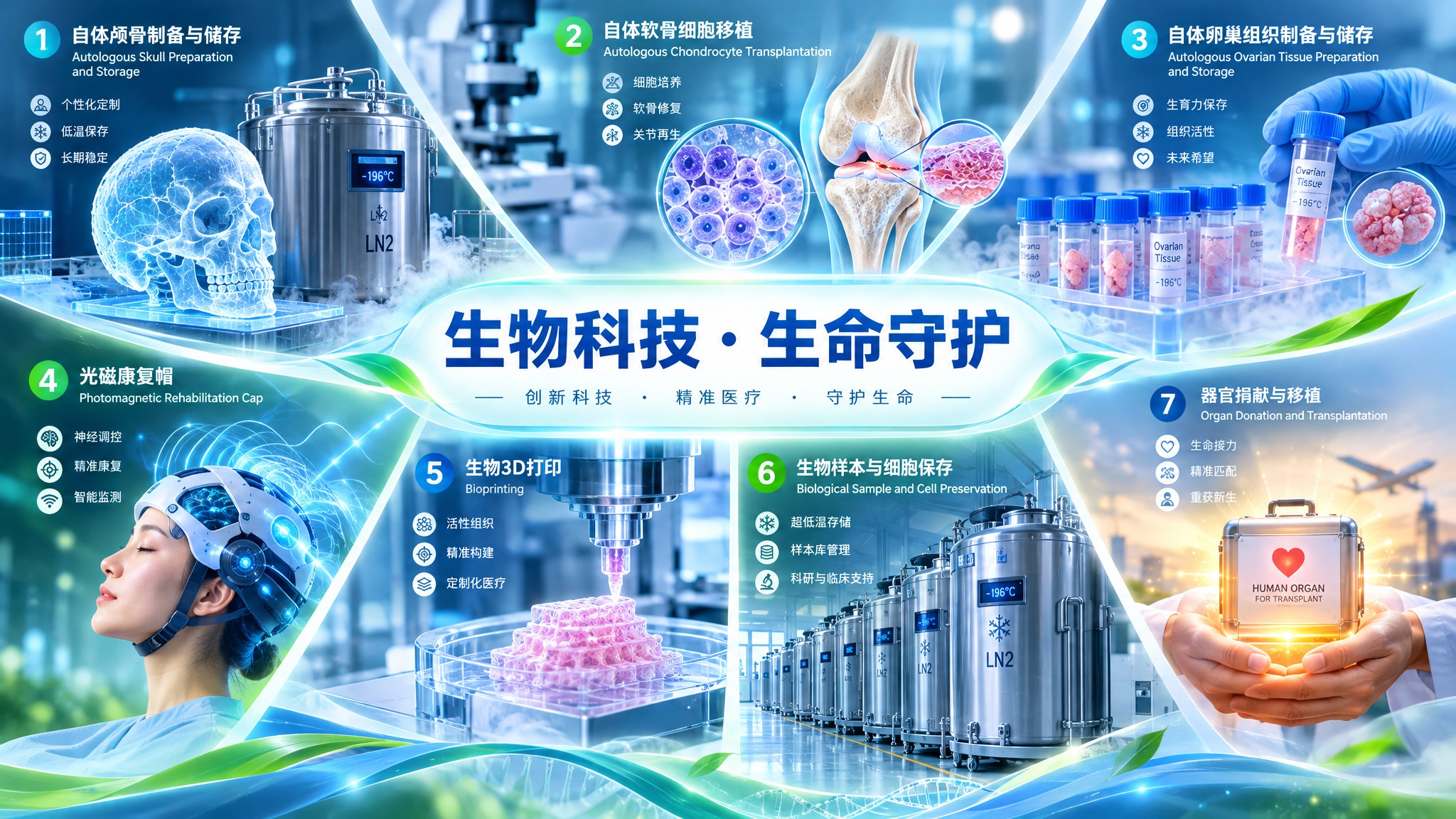 现代生物医疗科技主题横幅插画，画面融合七大业务板块：自体颅骨制… - 图片创意预览