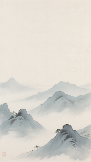 中国水墨画风格背景，以淡米色宣纸为底，底部绘有层层叠叠的青灰色山峦，远山以淡墨渲染，近山笔触稍显清晰，山间云雾缭绕，呈现出朦胧悠远的意境，整体色调清雅柔和，留白充足，尽显东方水墨的空灵韵味。预览效果