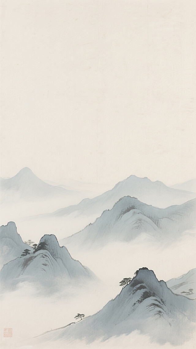 中国水墨画风格背景，以淡米色宣纸为底，底部绘有层层叠叠的青灰色山峦，远山以淡墨渲染，近山笔触稍显清晰，山间云雾缭绕，呈现出朦胧悠远的意境，整体色调清雅柔和，留白充足，尽显东方水墨的空灵韵味。
