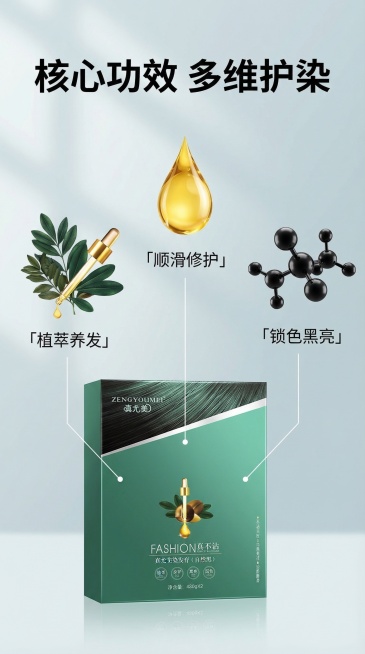 基于提供的真尤美染发膏产品图，生成核心功效成分解析电商主图，简约大气风格，适配淘宝天猫平台。染发膏产品置于画面底部，上方悬浮深绿色植萃叶片、金色精油滴、3D黑发分子结构元素，用纤细白色引线分别指向对应预览效果