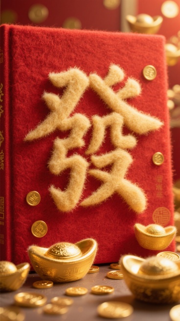 国风风格，巨大的金色立体光晕“發”字，中国书法形式，位于光滑的红色漆面上，周围簇拥着毛绒绒的金元宝，散落着金币，侧方暖光照射，奢华喜庆氛围预览效果