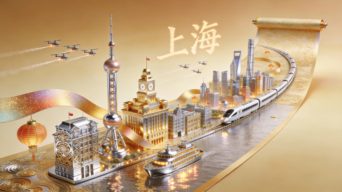 生成上海外滩主题插画，微缩立体场景，现代中式融合美学，一张巨大的织金画卷向远方延伸，画卷上立体的节庆盛景，有C4D珠光金属质感的东方明珠、鎏金金属立体的外滩钟楼、拉丝金属立体的陆家嘴天际线、金属雕花立预览效果