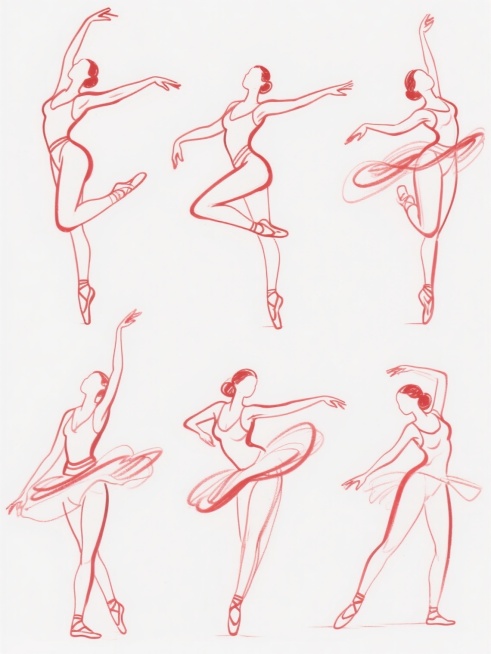 红色线条手绘风格的女性人体动态速写，六个完全不同造型的女性舞者，姿态各异，有的伸展双臂，有的抬腿跳跃，有的俯身旋转，线条流畅飘逸，展现出不同的舞蹈动作和身体曲线，以规整的排布方式集合在纯白色纯色背景上，保持手绘速写的艺术风格和动态元素内容，整体构图平衡且富有动感。预览效果