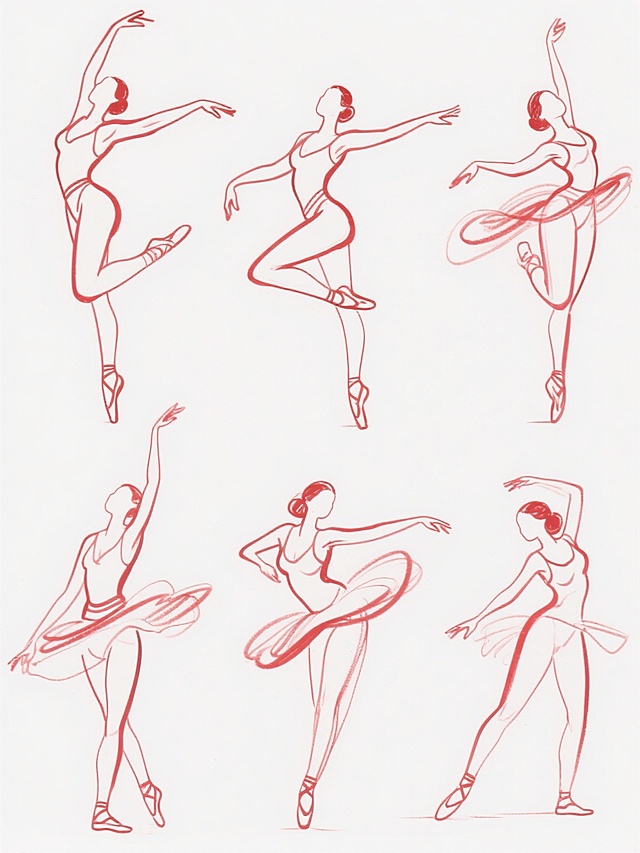 红色线条手绘风格的女性人体动态速写，六个完全不同造型的女性舞者，姿态各异，有的伸展双臂，有的抬腿跳跃，有的俯身旋转，线条流畅飘逸，展现出不同的舞蹈动作和身体曲线，以规整的排布方式集合在纯白色纯色背景上，保持手绘速写的艺术风格和动态元素内容，整体构图平衡且富有动感。