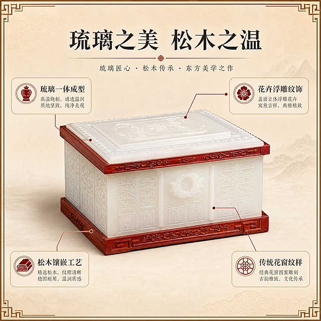 [主图-2] 核心亮点证明，琉璃工艺+松木镶嵌双材质亮点导图，理性展示产品优势。
[统一基调] 新中式东方美学风格，庄重典雅纪念感；背景主色=暖米白+深木棕；标题字色=深炭灰近黑；辅助字色=中暖灰；强调色=朱砂红；字体=宋体衬线粗体（标题）+简洁宋体（正文）；组件=细线分割、传统纹样装饰边、圆角浅底信息卡；整体氛围宁静庄重，东方玉石美学+温润木艺。
[画面] 产品位于画面中央，正面微侧角度，主体占画面约55%。以产品为中心，用细引线从不同部位引出卖点标注：左上引线指向琉璃主体标注"琉璃一体成型"，右上引线指向顶部浮雕标注"花卉浮雕纹饰"，左下引线指向下松木边框标注"松木镶嵌工艺"，右下引线指向正面花窗标注"传统花窗纹样"。背景为简洁暖米色渐变，搭配细微木纹质感，干净整洁突出产品和信息。
[光影质感] 商业摄影质感，均匀柔和布光，正面略偏左主光，清晰展现琉璃通透质感和松木纹理，底部有柔和接触阴影，产品立体感强。
[配色] 主色暖米白+深木棕，强调色朱砂红用于引线端点和小图标；背景简洁干净，突出产品主体和信息标注。
[文字版式] 顶部居中主标题"琉璃之美 松木之温"，四周引线末端配短卖点文字，每个卖点配小图标。文字全部横排，宋体，字号适中清晰，引线不遮挡产品关键部位。
[输出要求] 1:1方图，2K分辨率，文字清晰可读，产品清晰完整；避免变形、错字、模糊、杂乱、水印、平台Logo、冷蓝背景、引线遮挡主体。