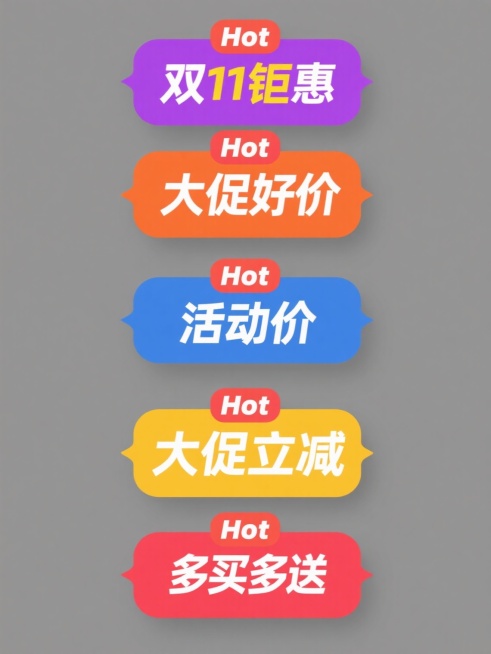 六个规整排布的促销标签素材，每个标签均为纯色背景，标签上分别包含“Hot”、“双11钜惠”、“大促好价”、“活动价”、“大促立减”、“多买多送”文字元素，整体风格简约清晰，色彩鲜明，具有醒目的促销视觉效果。预览效果