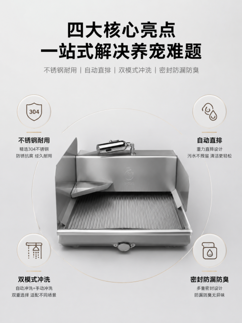 产品居中摆放，四周四宫格亮点图标模块对称分布；浅灰极简背景，线条简约轻奢风，无多余杂物干扰。主文案居中粗黑大字体为"四大核心亮点 一站式解决养宠难题"，副文案下方居中纤细浅字为"不锈钢耐用｜自动直排｜预览效果
