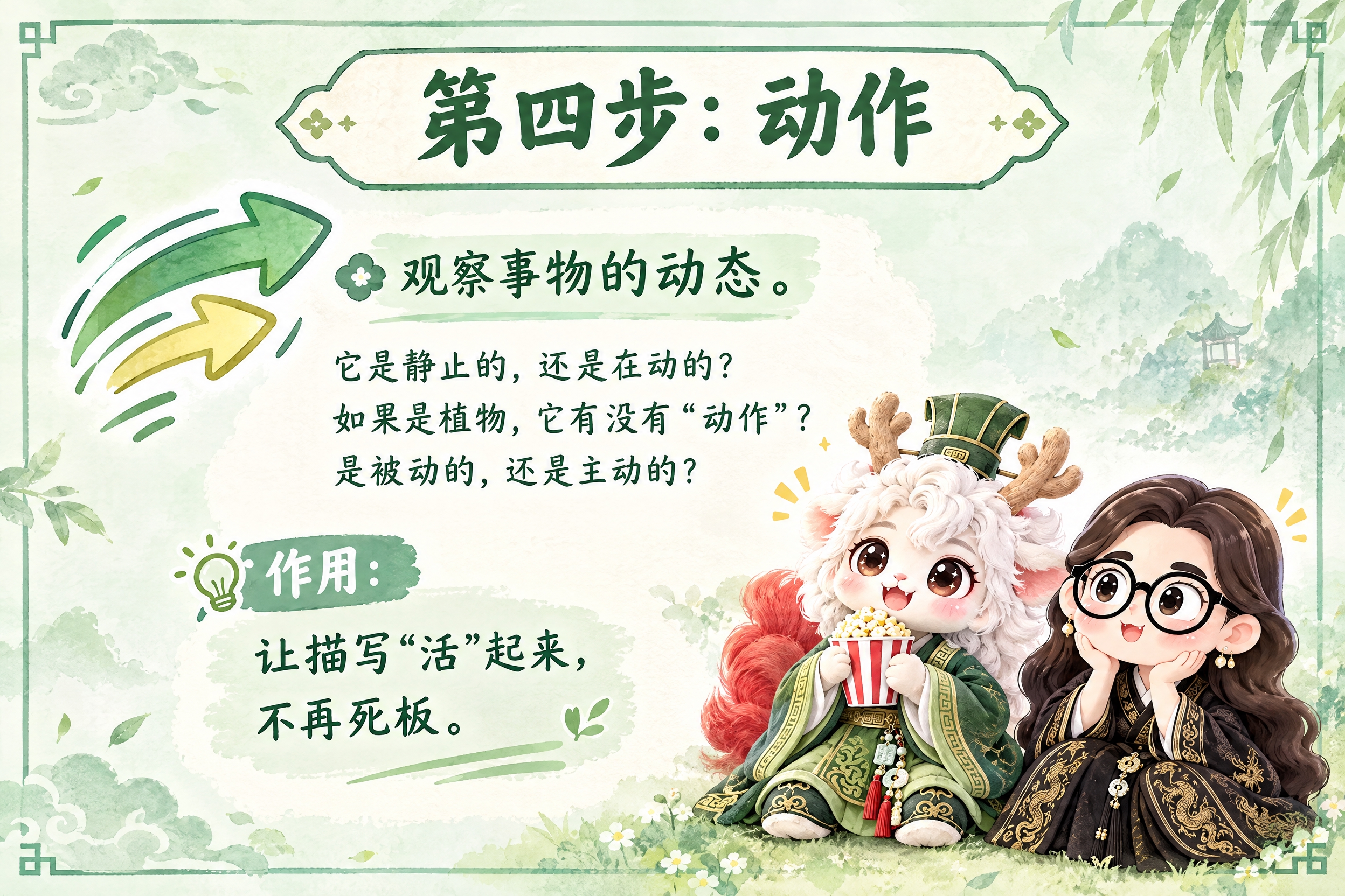 横版6寸比例的知识卡片设计，标题为"第四步：动作"，内容为：观… - 图片创意预览