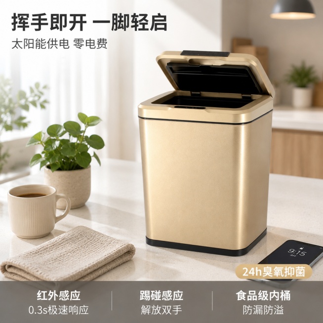 [主图-1] 场景首图｜智能感应垃圾桶 × 现代厨房洁净生活
[氛围风格] 极简北欧厨房一角，哑光白石英台面+浅橡木橱柜+柔光吊灯，清晨自然光从左侧窗洒入，营造清爽秩序感；背景虚化处理，突出产品主体。预览效果