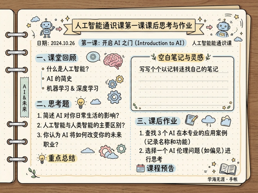 手账形式，人工智能通识课第一课内容，包含标题“第一课课后思考与作业”，留出空白笔记区域，装饰元素简约可爱，所有文字均为中文，排版干净整洁预览效果