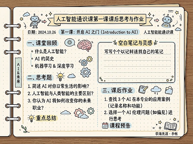 手账形式，人工智能通识课第一课内容，包含标题“第一课课后思考与作业”，留出空白笔记区域，装饰元素简约可爱，所有文字均为中文，排版干净整洁