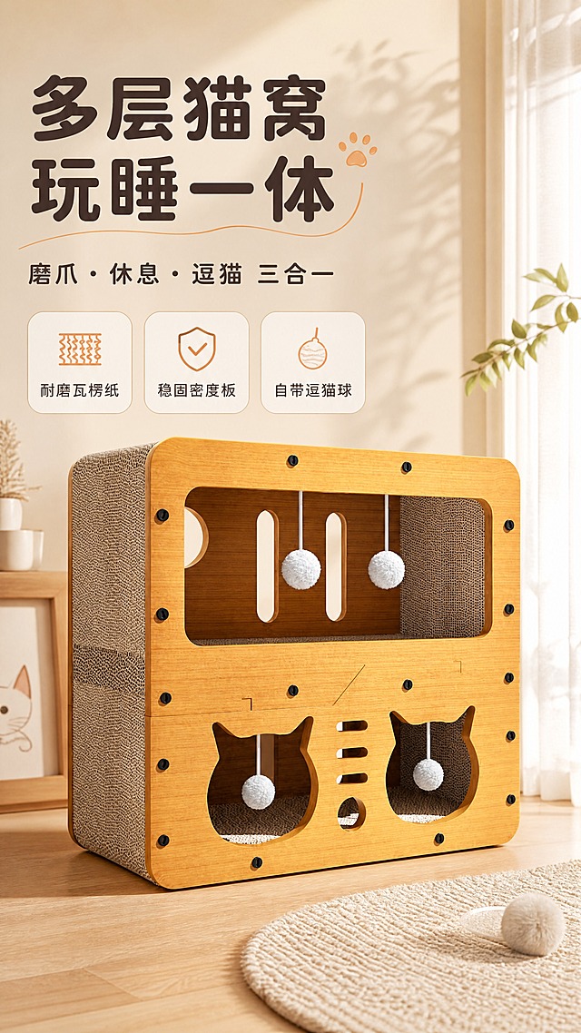 [商品] 使用【图1】多功能猫抓板窝；保留双层木质结构、瓦楞纸侧面、四个白色逗猫毛球、猫脸造型门洞、黑色螺丝装饰、原木色密度板边框；不改变产品结构、颜色、比例和细节。
[画面] 页面目标：氛围头图，突出产品全貌与核心卖点。构图：产品居中偏下，占画面65%，正面微侧角度展示完整双层结构；前景浅色木地板，中景产品，后景暖米色墙面+柔和窗帘光影；左上角留白放标题区；营造温馨治愈的居家猫咪生活氛围。
[视觉] 套系策略：风格=温馨日系家居商业摄影；标题字=圆润粗黑体；正文字=简洁圆角无衬线体；主色=暖木色+米杏色；背景延展=基于暖木色和米杏色做深浅渐变、同色系层次和细腻木纹/纸张质感；强调色=奶橘色，仅用于小面积图标、引线和标签；标题色=深棕褐色；正文色=暖灰褐色；组件=圆角浅底信息卡、细曲线引线、猫爪图标；光影=左前侧暖柔光，柔和自然阴影。
[文字] 左上区域主标题「多层猫窝 玩睡一体」（8字），副标题「磨爪·休息·逗猫 三合一」，下方3个短卖点图标+文字：「耐磨瓦楞纸」「稳固密度板」「自带逗猫球」；文字横排，不遮挡产品主体。
[规格] 图片比例9:16竖版，4K分辨率，淘宝/天猫适配，中文文案；避免变形、错字、文字过小、冷蓝背景、产品颜色改变、结构失真、极限词。