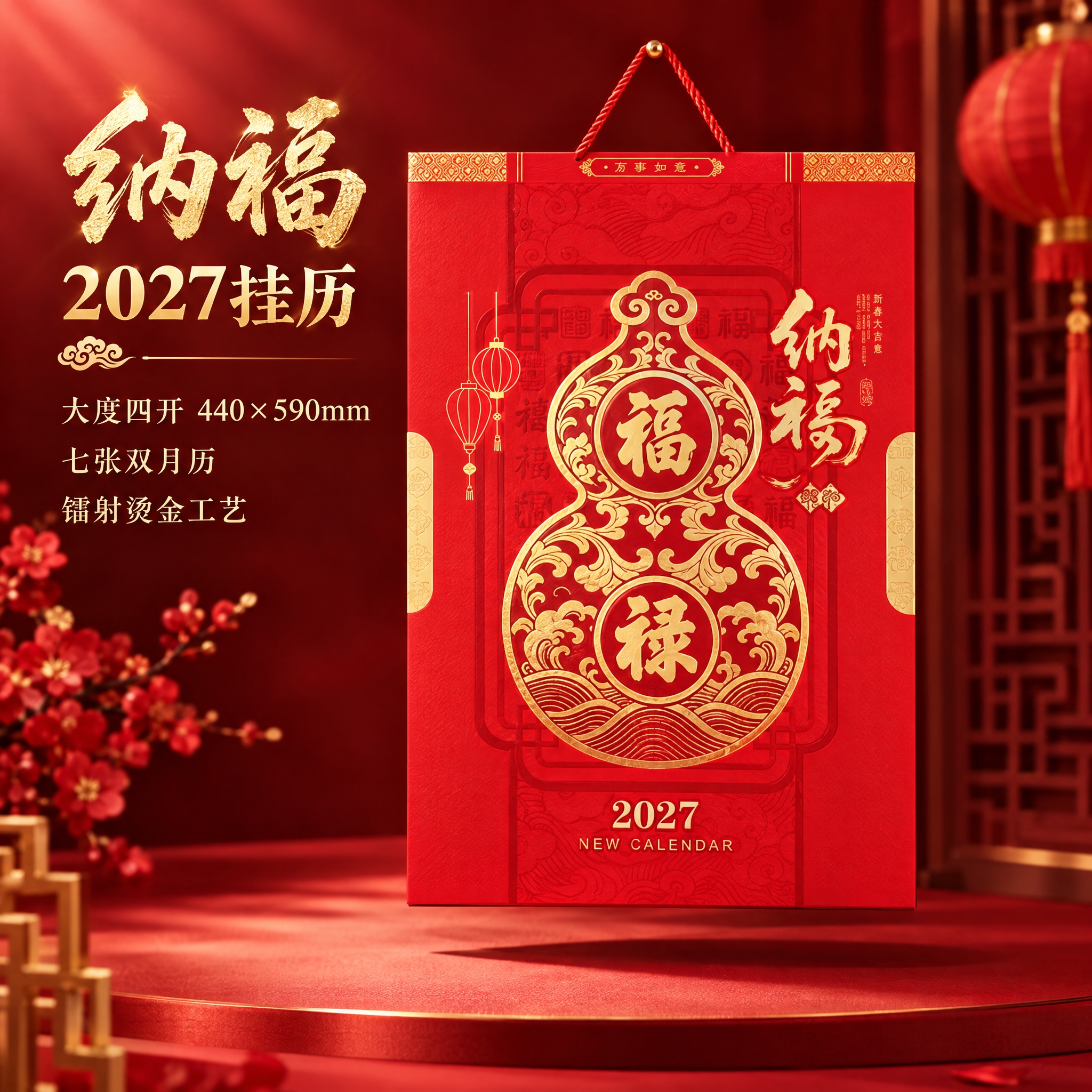 生成纳福葫芦款挂历主图。国潮喜庆红金风格，深红色渐变背景，高端… - 图片创意预览