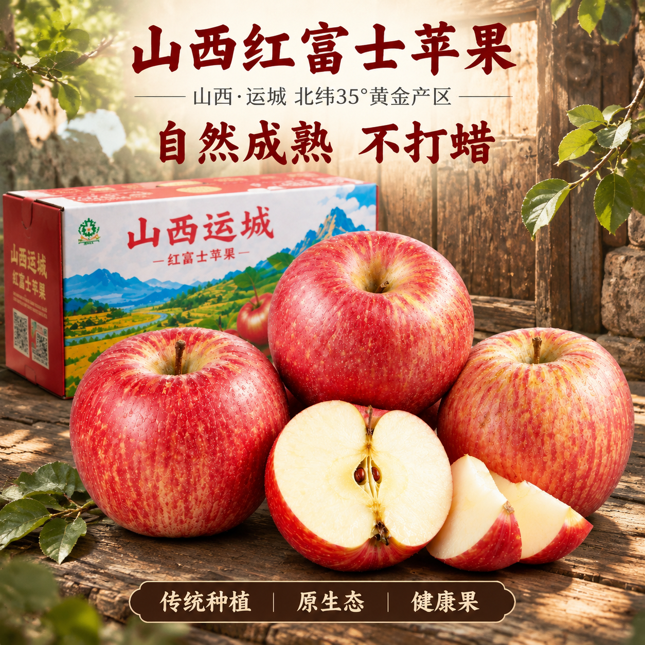 [主图-5] 老门板怀旧场景，展示山西运城红富士苹果的自然成熟… - 图片创意预览