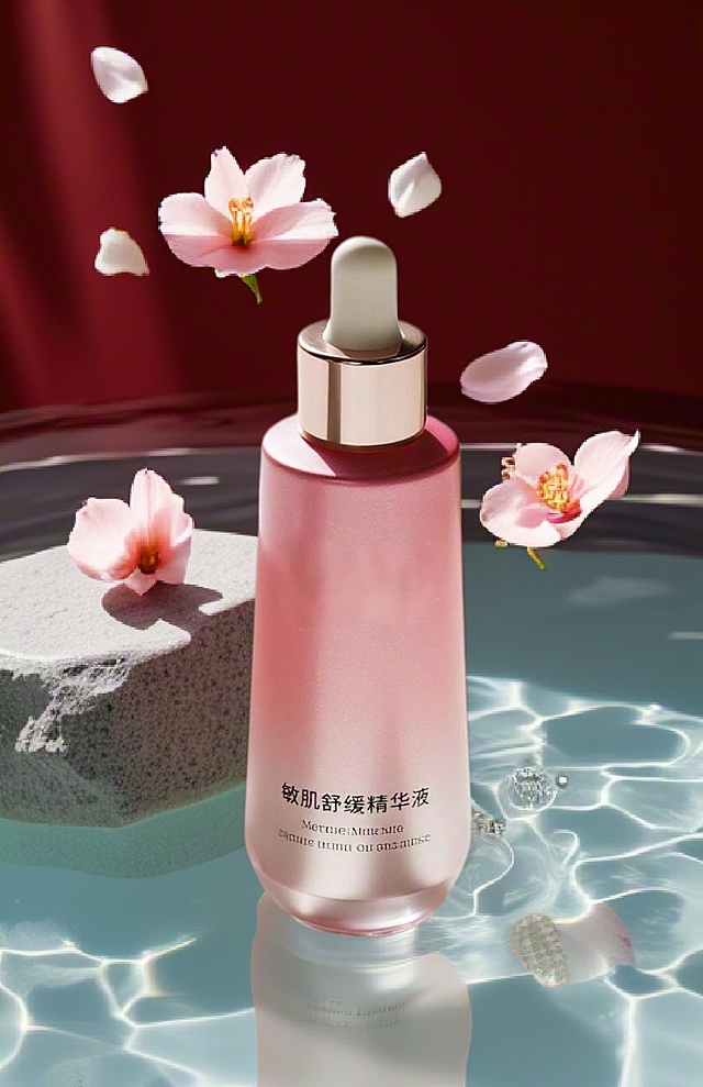 产品放在在水面的大浅灰青石上，水面铺着粉色花瓣，背景是高级暗红色，气泡从水面缓缓上升，高级质感