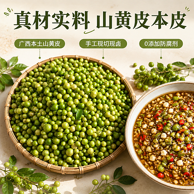 小红书风格山黄皮鸭爪原料溯源图，Z世代ins风。画面中心是满满一竹篮新鲜山黄皮果实，青绿饱满、表面有天然斑点纹理，旁边散落几枝带叶山黄皮。右侧特写展示山黄皮切碎后与蒜末、红辣椒混合的秘制酱料，酱汁浓稠油亮、颗粒分明。背景是清新的浅米色厨房台面，自然光柔和明亮。上方大字标题"真材实料 山黄皮本皮"，下方用细引线标注三个卖点："广西本土山黄皮""手工现切现卤""0添加防腐剂"。整体色调青绿+暖棕+米白，清新自然有质感。保持山黄皮原料外观与输入图一致，杜绝变形。画面禁止出现文字错乱、水印、电商平台Logo、畸形手。