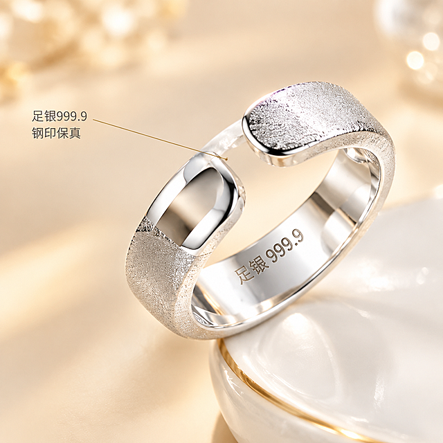 [主图-2] 足银999.9半窗戒指材质工艺图，核心任务是展示足银999.9纯度钢印与磨砂+光面双质感工艺细节。
[统一基调] 抖音珠宝饰品风格，精致克制，高透光微距质感，浅香槟米白渐变背景，整体柔光氛围，文字极少，以产品本身为主。
[画面] 戒指微距特写，主体占比约70%，倾斜45度角展示，重点突出戒指内壁的「足银999.9」钢印印记，同时清晰展示戒臂外侧磨砂面与开口两端光面的质感对比。磨砂面呈现细腻的拉丝颗粒感，光面部分光滑如镜。戒指放置在白色陶瓷碟边缘，背景虚化，突出主体细节。
[光影质感] 侧逆光勾勒金属边缘，正面柔光补光，让钢印文字清晰凹陷可见，磨砂面的颗粒质感均匀细腻，光面有柔和的环境反射，整体微距质感强烈，金属边缘锐利干净。
[配色] 背景主色浅香槟米白渐变，文字色为深银灰色，强调色为暖金色，整体色调与首图统一。
[文字版式] 画面左侧中部，竖向排列小号深银灰色细黑体文案「足银999.9 钢印保真」，右侧对应位置有一条细金线指向内壁钢印位置，文字占比小，不抢产品视觉。
[输出要求] 1:1正方形比例，2K高清，微距细节清晰，钢印文字可辨识，磨砂与光面质感对比强烈。负向：变形 错字 模糊 划痕 指纹 脏污 水印 平台Logo 过曝 塑料感。